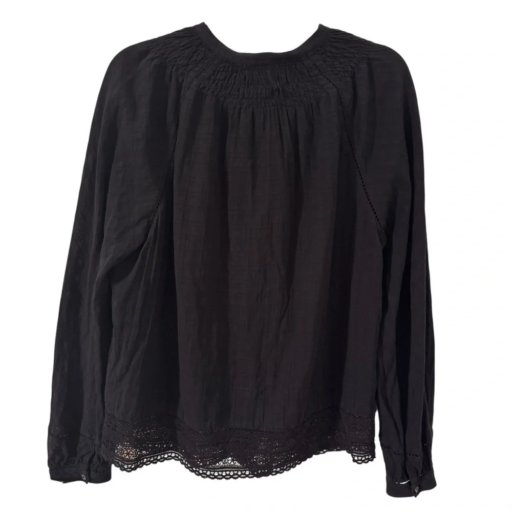 J. Crew Pont Sur Lace Peasant Top 100% Cotton Long Sleeve Black Size Medium